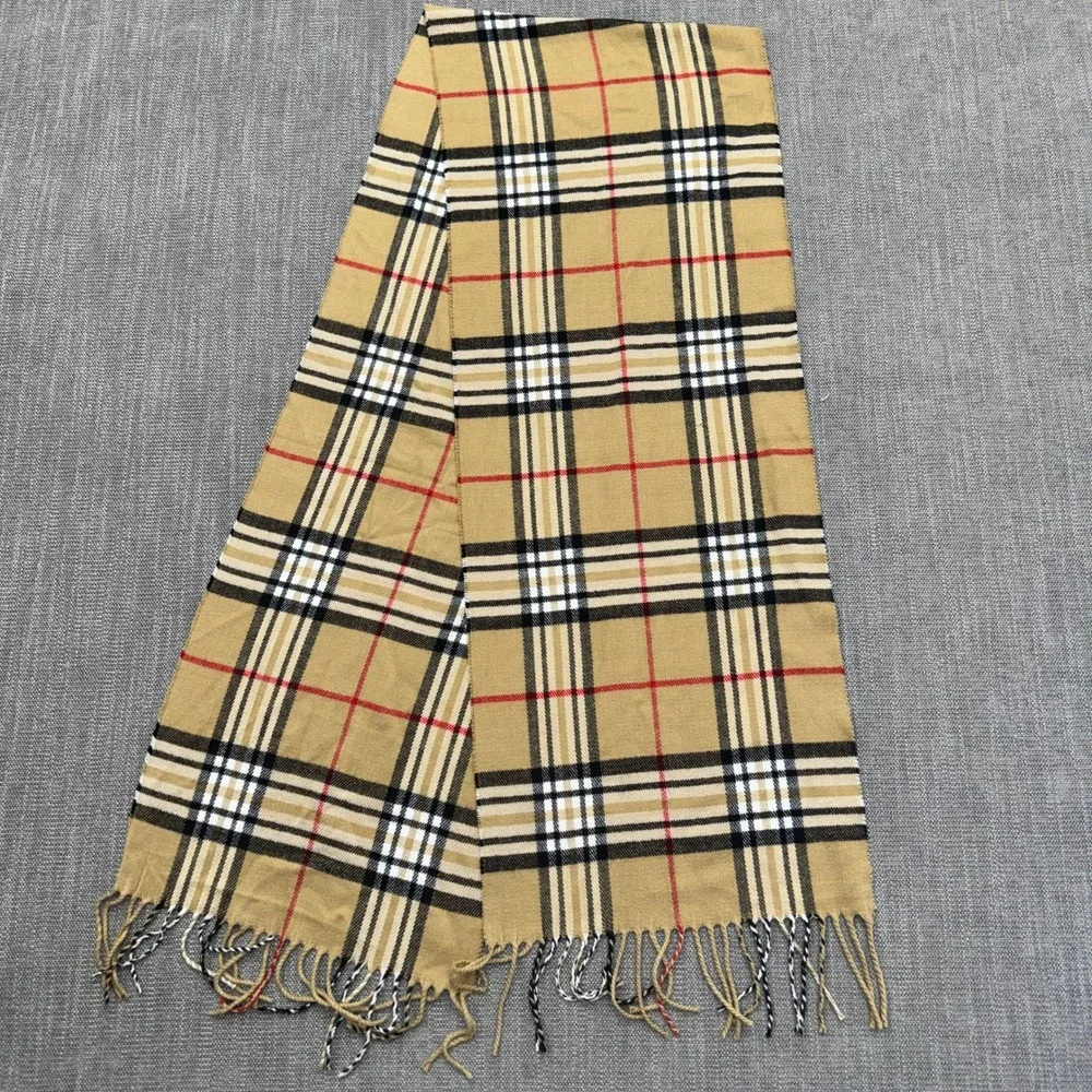 Italy Design Cashmere Blend Scarf Tan Plaid Fringe 20% Cashmere 80% Viscose